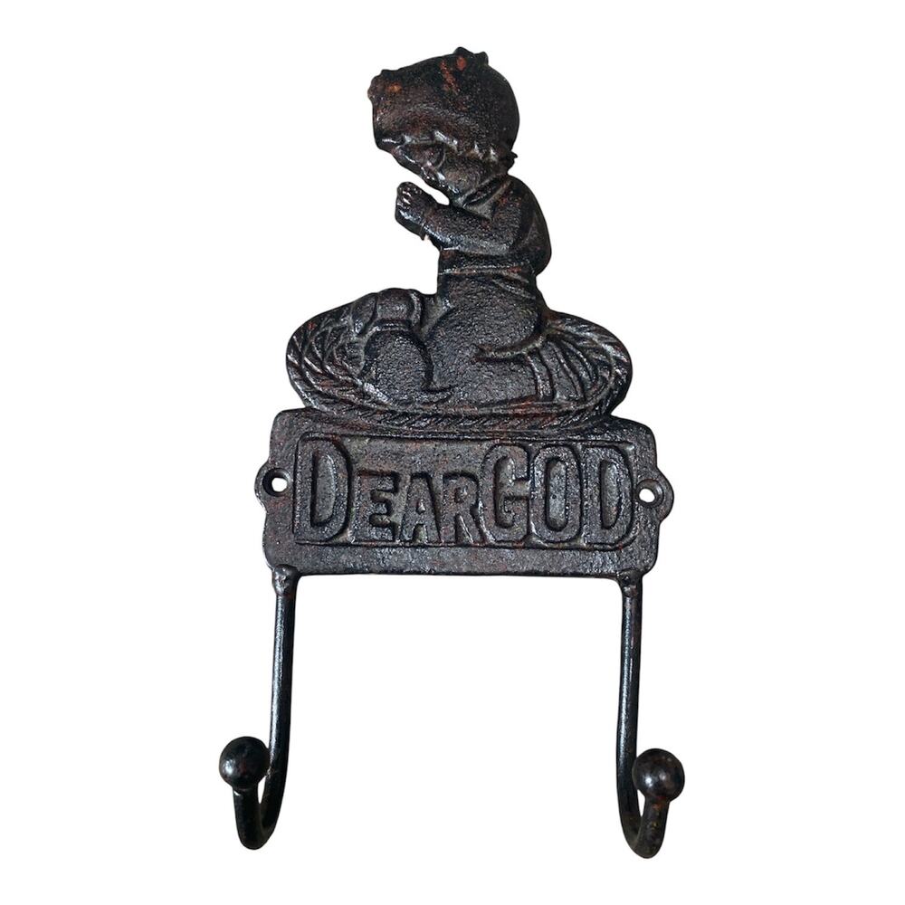 Vintage Cast Iron Dear God Praying Boy Wall Hook Rack Rustic Nursery Decor